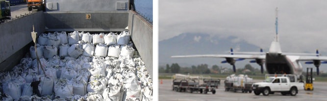 View from inside a freight ship's hold filled with large white bags (big bags) containing the Selenizza product, ready for sea transport.